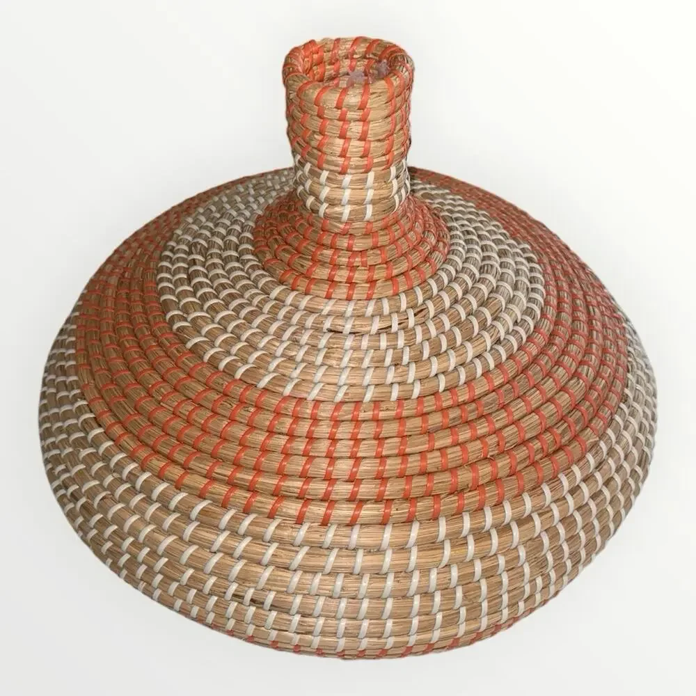 Round Wicker Decorative Basket Vase Boho Beige/Orange 16in Freestanding